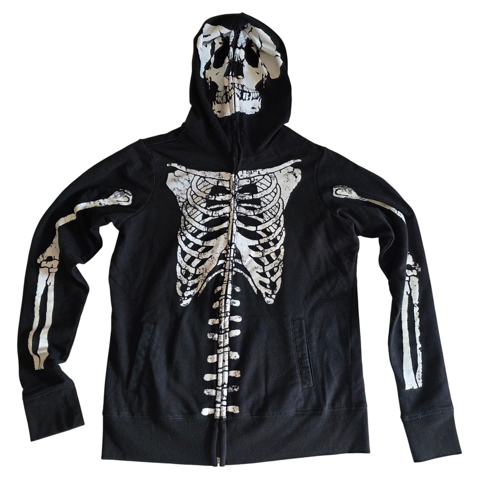 Vintage Hot Topic Skeleton Full Zip Hoodie Small Black Goth Skull Mask Y2K
